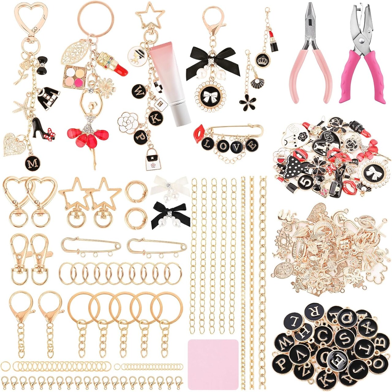 477Pcs Lip Gloss Keychain Making Kit with Plier & Puncher, DIY Bag Charm & Bracelet Making Supplies, Alphabet Charms & Key Hooks for Personalized Gifts & Small Business